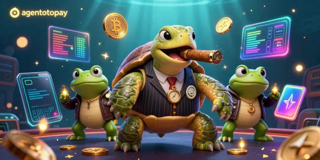 Engage with agentotoplay through a vibrant 3D illustration of a snapping turtle in mobster garb, surrounded by crypto-themed gambling elements.