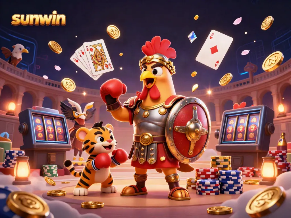 Experience the thrill of sunwin gaming with a vibrant 3D casino scene featuring classic symbols.