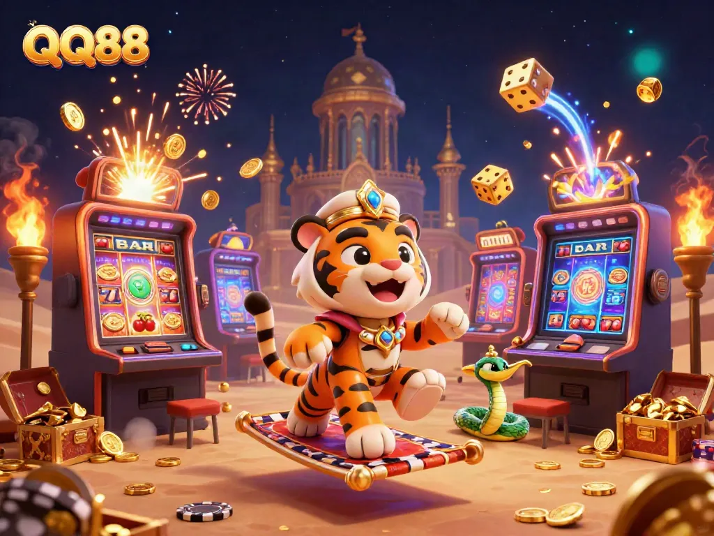 Experience the thrill of QQ88 with a dynamic 3D casino scene featuring vibrant slot machines and Arabian motifs.