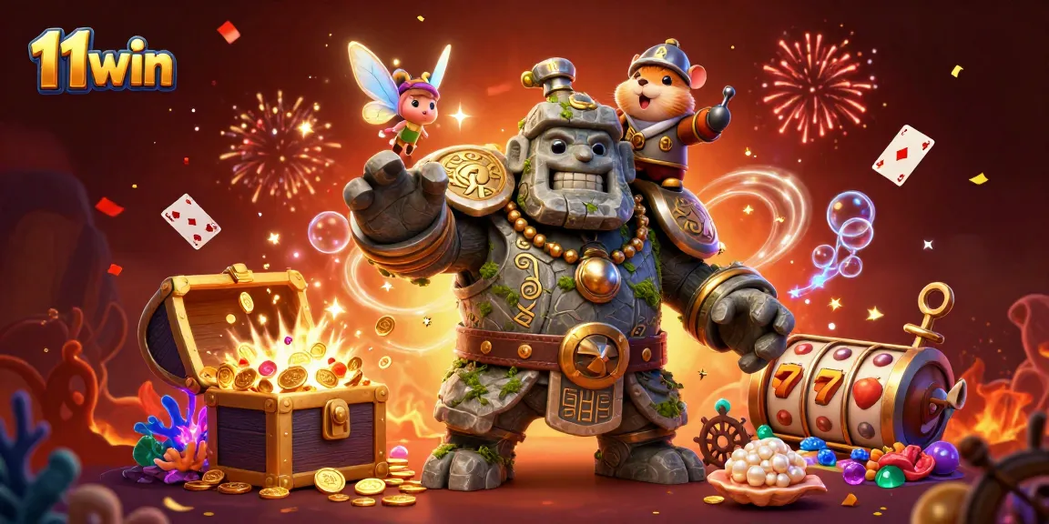 Enjoy the excitement of 11 win with vibrant characters and a colorful casino scene depicting winning treasures.