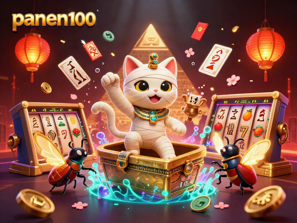 Experience excitement with panen100 as a playful Egyptian mummy cat emerges in a vibrant casino.