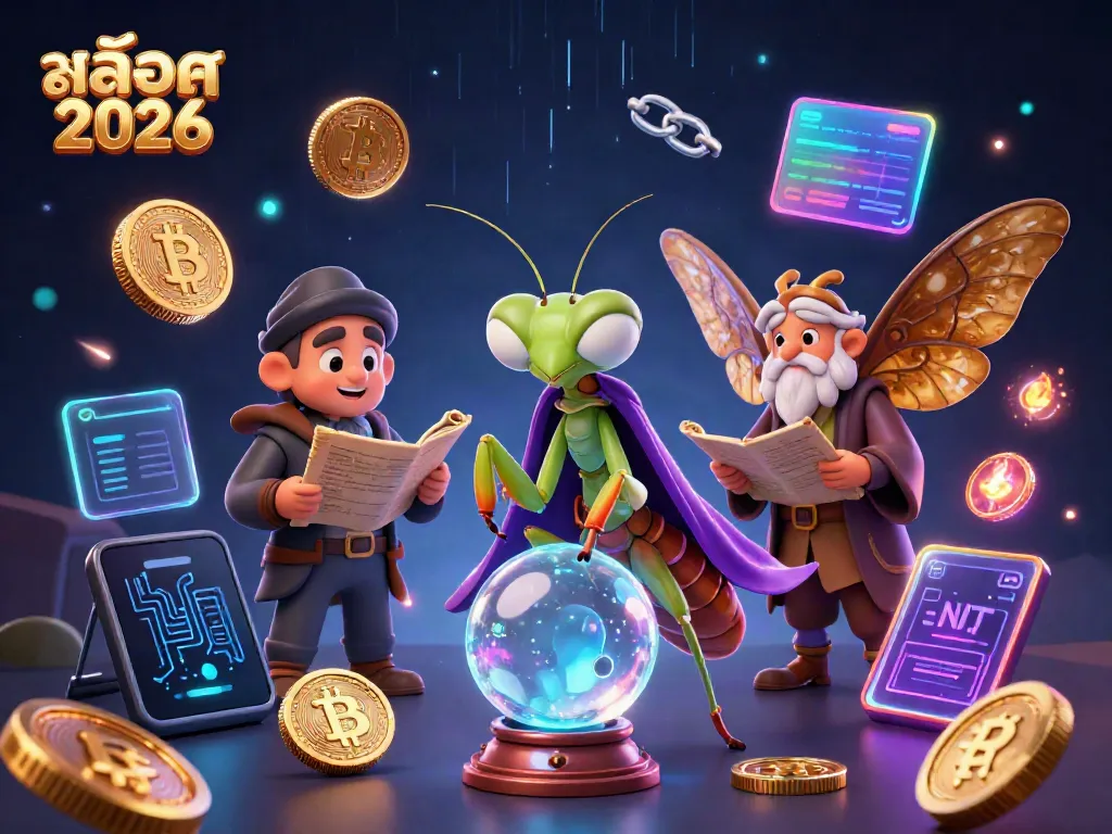 Engage in สล็อต 2026 with a mystical scene featuring a fortune teller and librarian, surrounded by crypto elements.