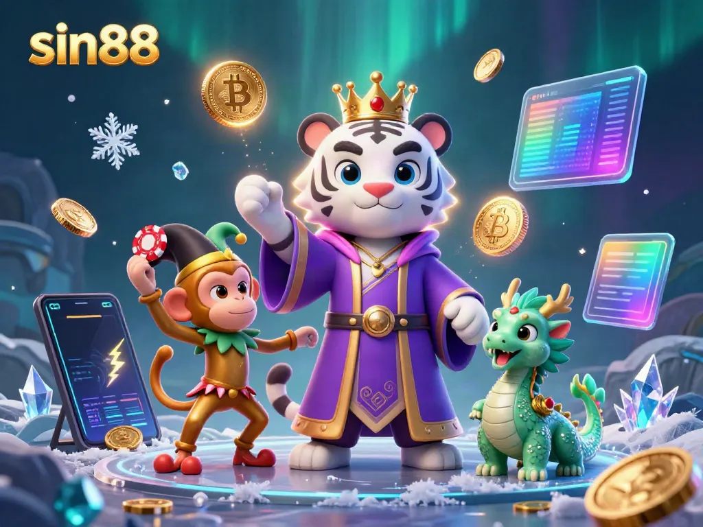 Experience thrilling action at sin88 with a vibrant depiction of 3D casino characters and crypto elements.