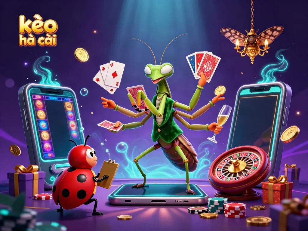 Engage in dynamic betting action with kèo nhà cái in a vibrant casino-inspired 3D scene filled with colorful game elements.
