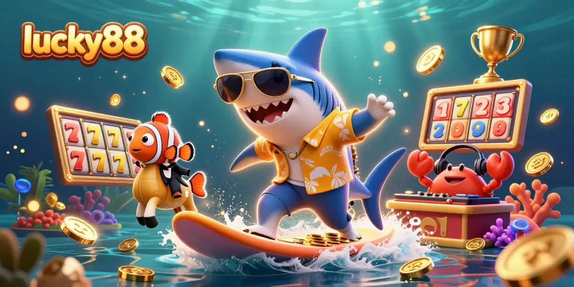 Experience the excitement of lucky88 with a vibrant casino-themed illustration featuring dynamic characters and gold.