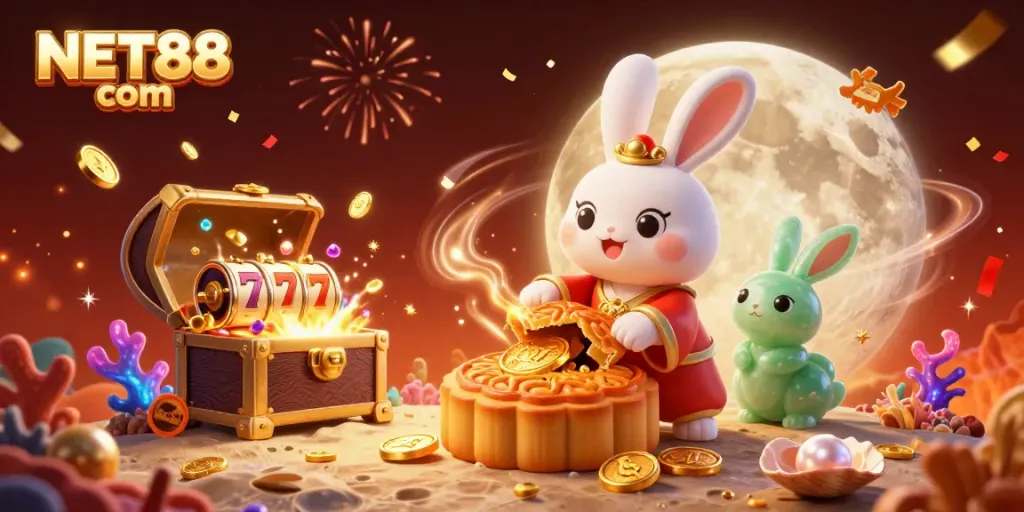 Experience the thrilling NET88 com casino action with moon rabbit and gold chips surrounded by slot machines.