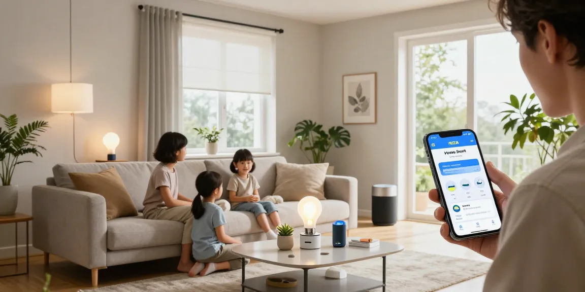 IKEA smart home devices featured in a stylish living room with smart lighting and speakers.