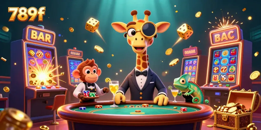 Experience thrilling wins at 789f with a high-roller giraffe at a VIP table surrounded by casino excitement.