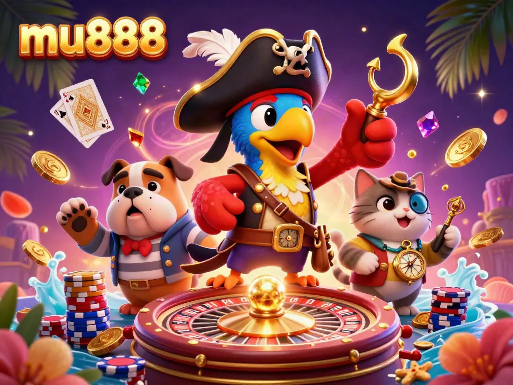 Experience thrilling casino action with mu888 in this vibrant, detailed 3D illustration.