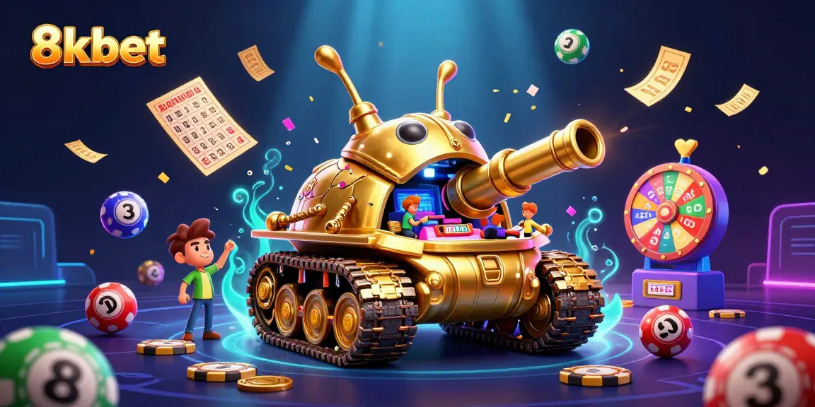 Engage with the thrilling 8kbet experience through a vibrant casino scene featuring high-stakes games and colorful lottery elements.