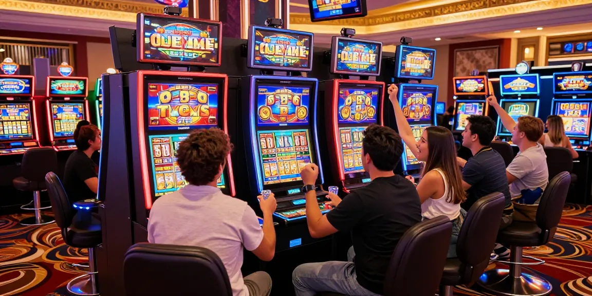 Friends enjoying judi slot games in a vibrant casino atmosphere.