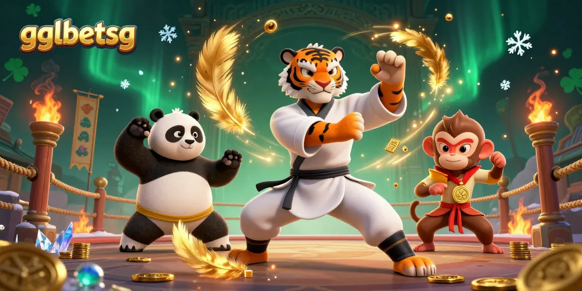 gglbetsg features a kung fu tiger in a casino scene mimicking martial arts with a panda and monkey.