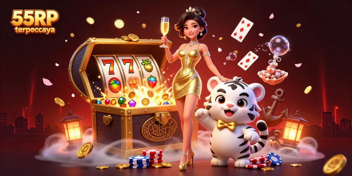 Experience a thrilling gaming adventure with 55RP terpercaya featuring an elegant woman and a lucky tiger in a vibrant casino scene.