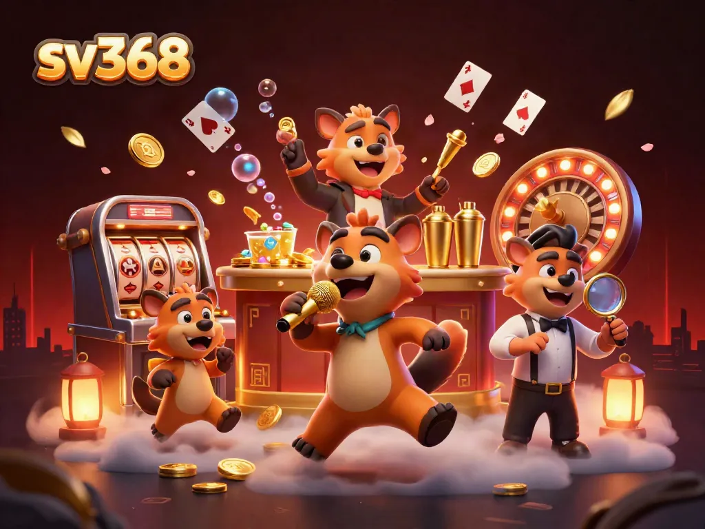 sv368 hyenas entertaining in a vibrant casino scene with slot machines and playful decor.