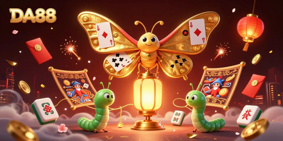 Experience gaming excitement with DA88's captivating casino illustration featuring a vibrant atlas moth, mahjong and festive elements.