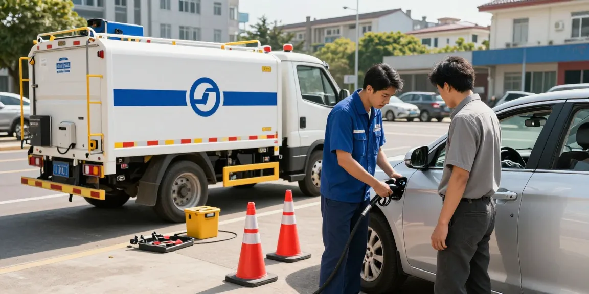 Wrong fuel in car being serviced by professional technician during roadside recovery.