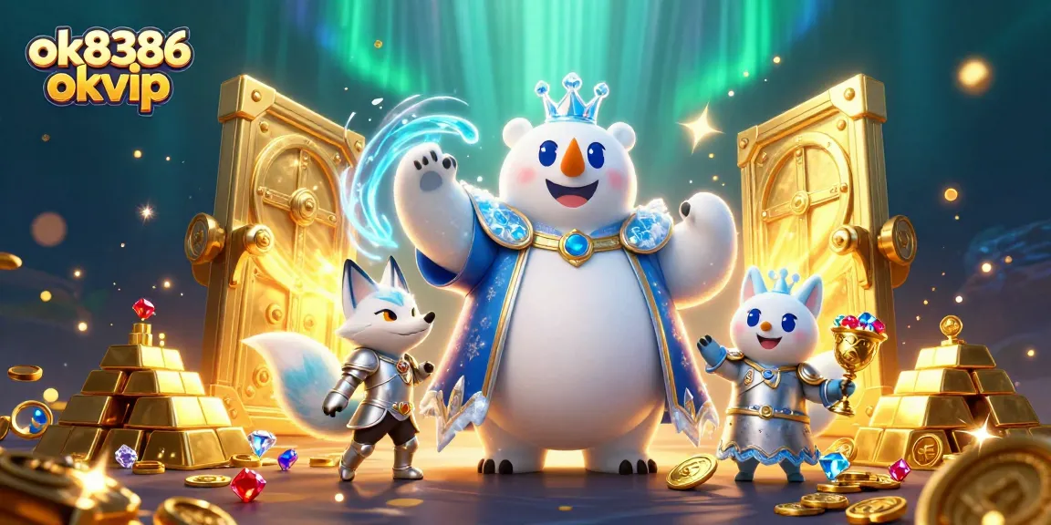 Join the excitement at ok8386 okvip with a majestic ice king and snow fox amidst treasures.