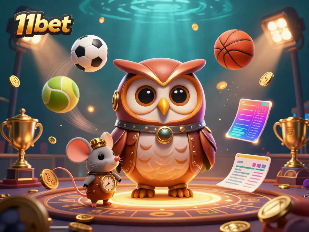 Experience the excitement of 11bet with a steampunk owl and dynamic sports elements in a magical casino scene.