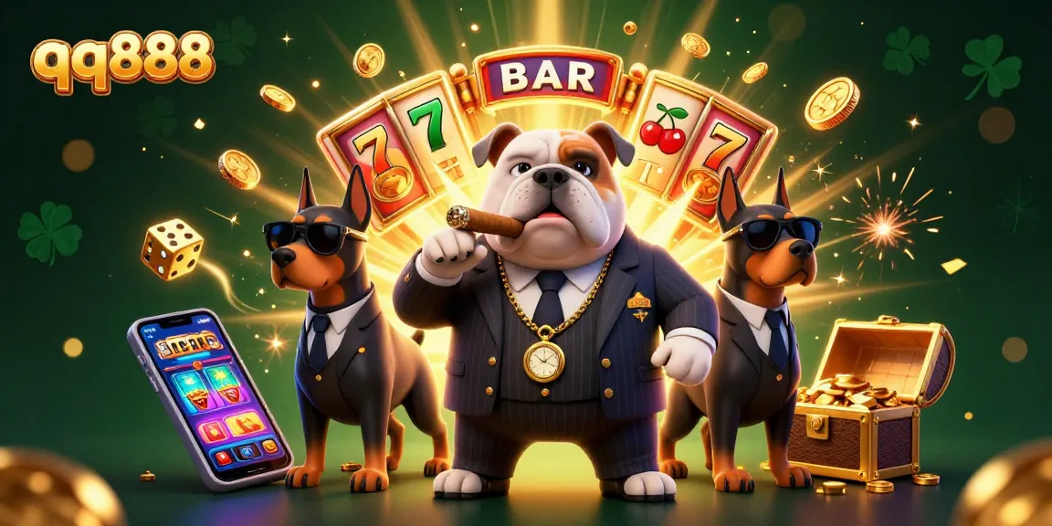 Join the excitement at qq888 with a mafia bulldog and Doberman bodyguards amidst a jackpot explosion!