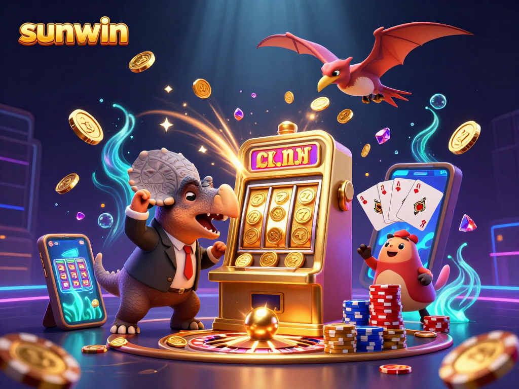 Experience big wins at sunwin with a pachycephalosaurus jackpot heist amidst spinning roulette and flying coins.