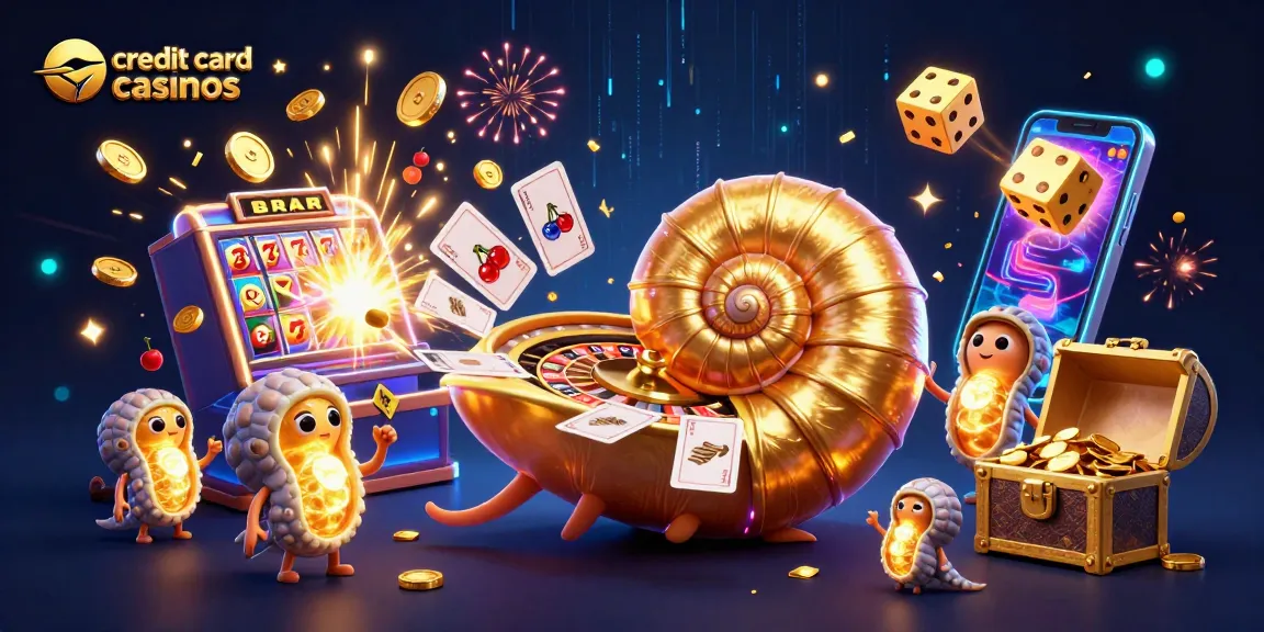 Engage with exciting credit card casinos featuring a vibrant 3D illustration of a nautilus roulette wheel and slot gaming elements.
