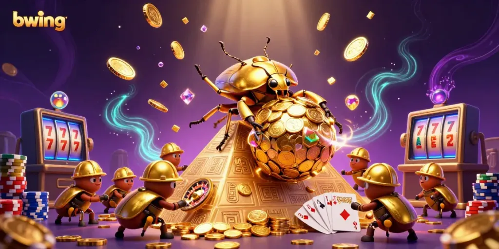 Engage with bwing’s vibrant gambling universe, featuring a golden beetle rolling coins amidst dynamic casino elements.