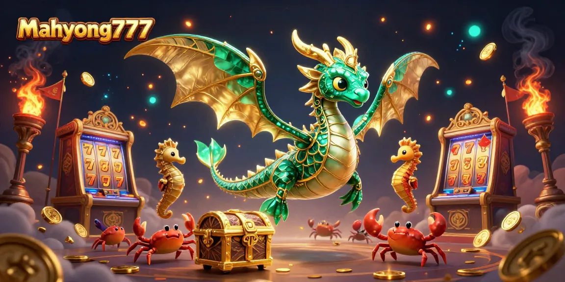 Spin the reels at mahyong777, featuring an emerald sea dragon surrounded by gold and slot machine elements.