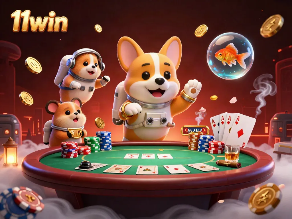 Experience thrilling gameplay with 11win as a cartoon astronaut corgi in a vibrant casino setting.