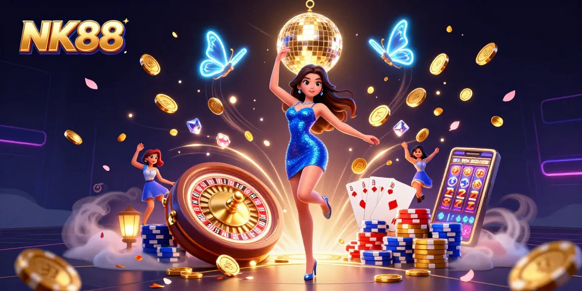 Win big at NK88 with thrilling casino games and vibrant atmosphere in 3D illustration.