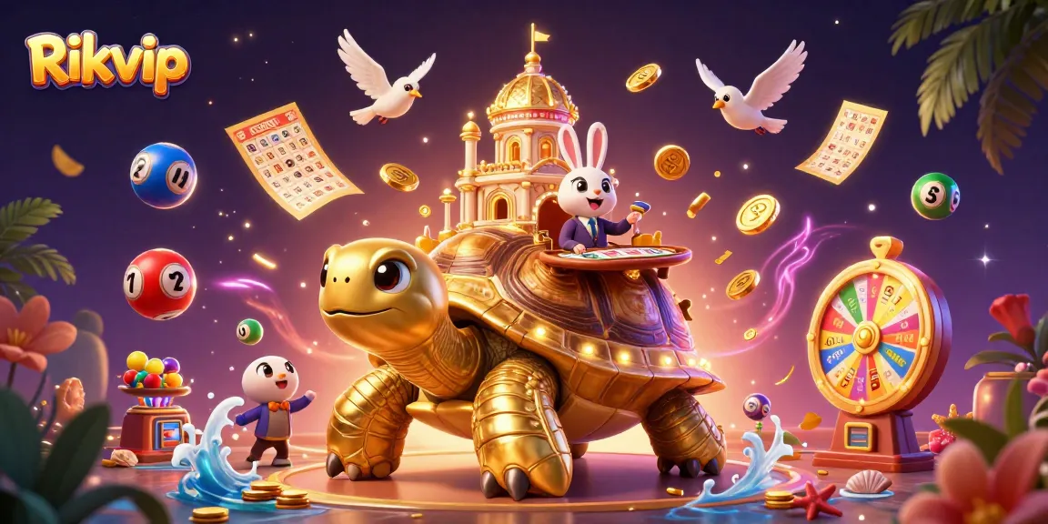 Engage with the vibrant world of Rikvip as a golden tortoise hosts a lively casino experience with colorful games.