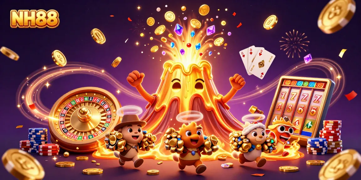 Experience thrilling gaming at NH88 with a gold volcano erupting treasures amid casino excitement.
