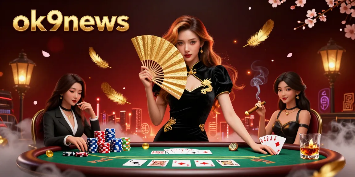 Engaging poker scene illustrating a captivating Asian woman promoting ok9news with vibrant game elements.