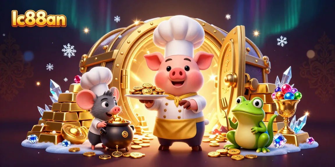 Spin the reels with lc88an, featuring a chef pig serving coins in a vibrant casino scene.