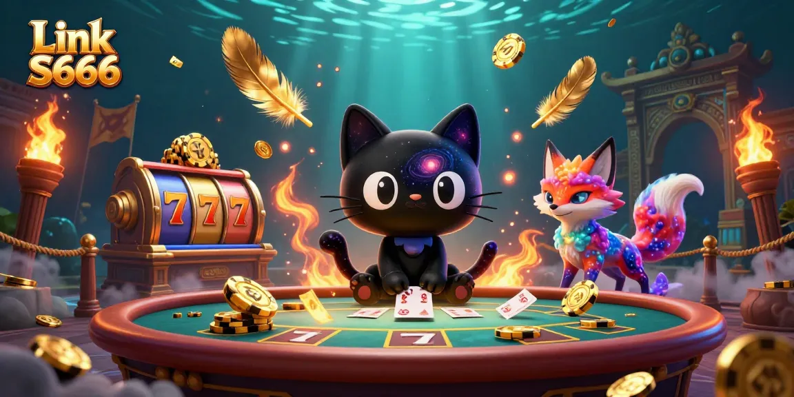 Engaging cosmic casino scene featuring Link S666's black hole cat attracting luck and earnings from golden chips and cards.
