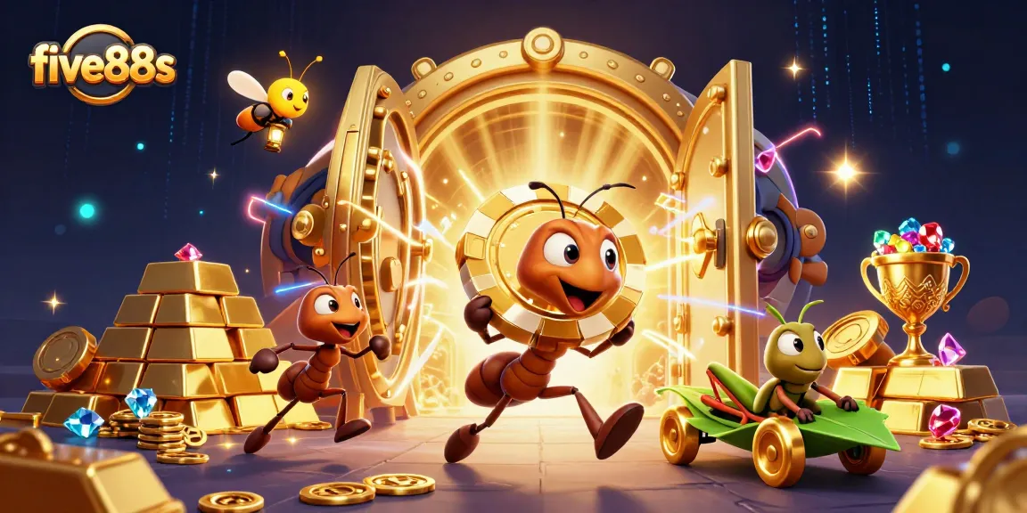 Experience thrilling gaming action at five88s with ants on a heist and a golden poker chip.