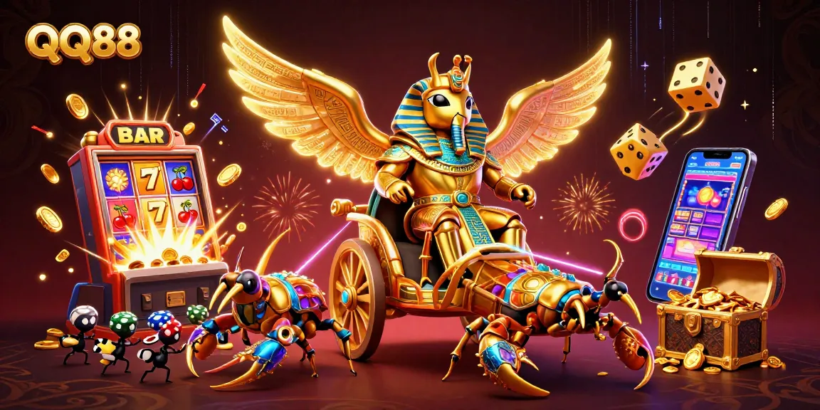 Engage in thrilling gameplay at QQ88 with vibrant casino elements and characters showcasing the excitement of online betting.