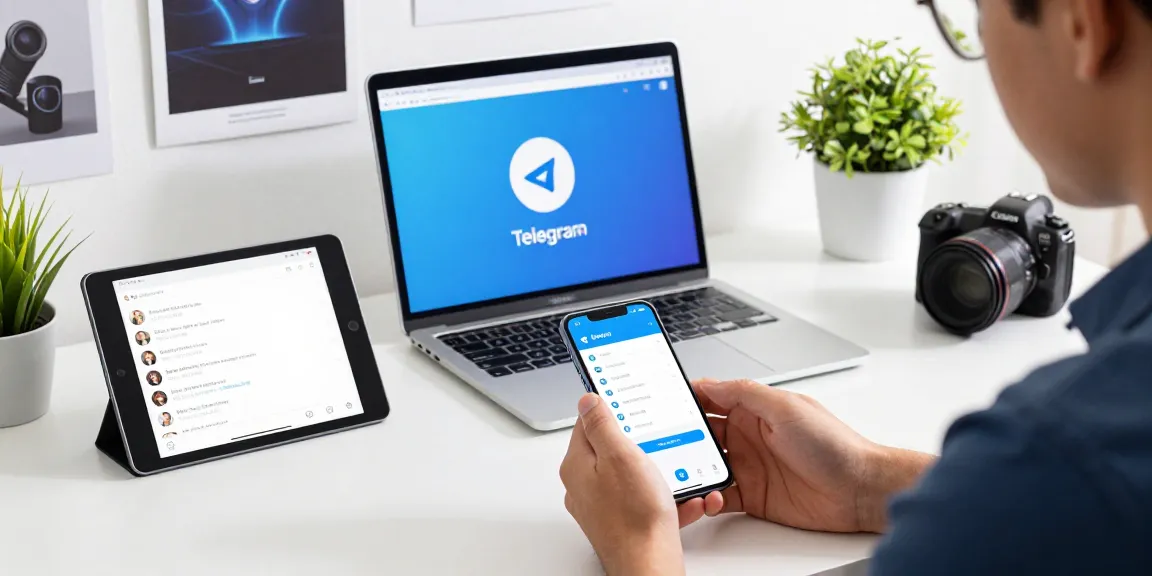Engaging with Telegram中文 app on multiple devices in a modern workspace.