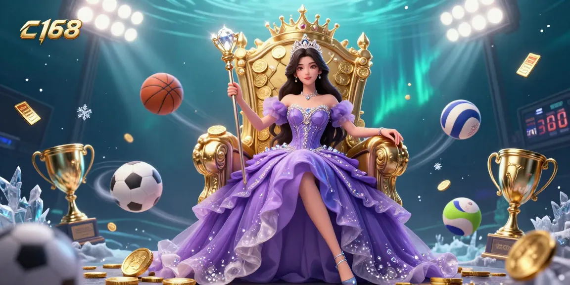 Experience thrilling gaming action with c168 as a beautiful Asian princess amidst dynamic sports elements.