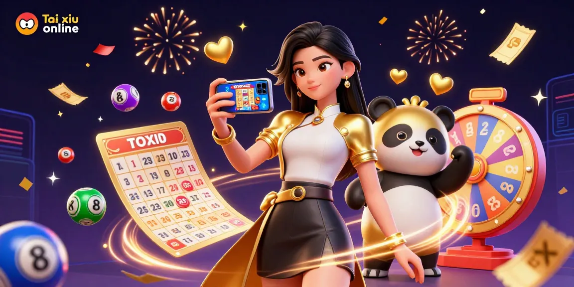 Engage with Tai xiu online as a woman experiences the excitement of a casino game, surrounded by vivid gaming elements.