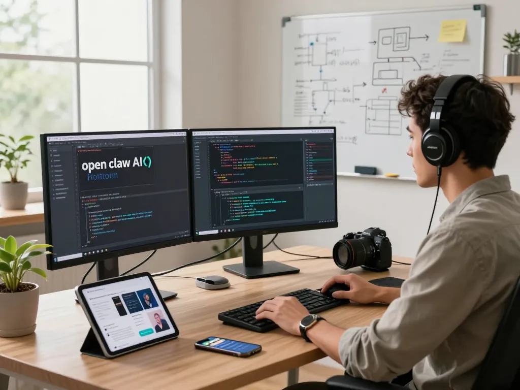 Software developer utilizing open claw AI in a modern home office environment with multiple screens.