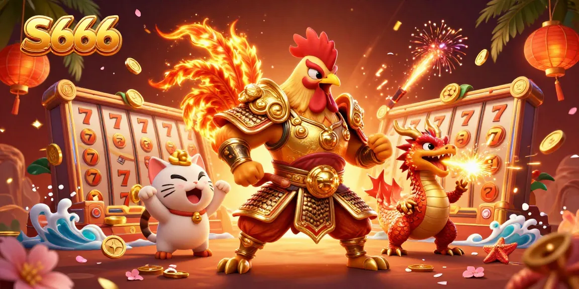 S666 brings thrilling action with vibrant 3D illustration featuring a cartoon rooster warrior among slot reels and golden coins.