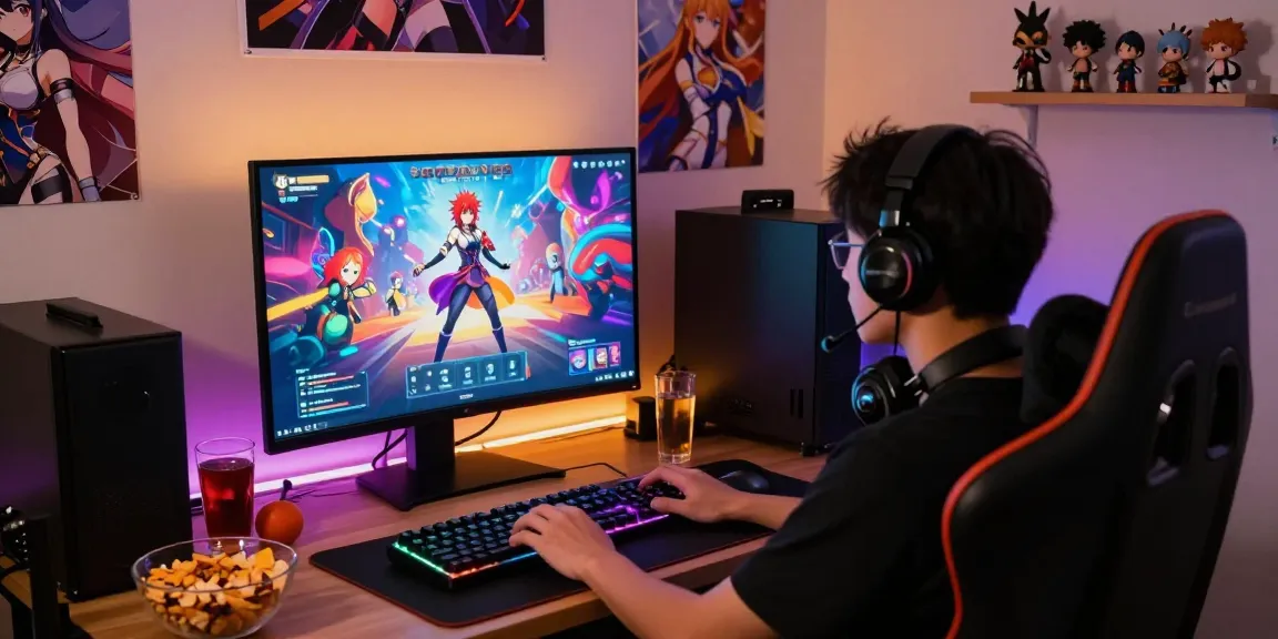 Play engaging hentai games online in a cozy, inviting gaming room with vibrant colors and character animations.