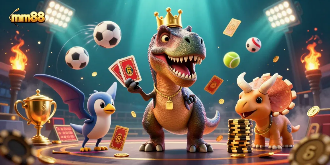 Engage with mm88's thrilling casino experience as a playful T-Rex shuffles cards, embodying the fun of gaming.