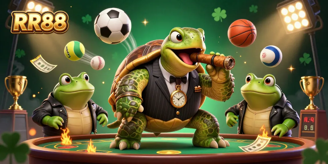 RR88 showcases a vibrant casino scene featuring a massive snapping turtle and bullfrog enforcers amidst dynamic sports elements, emphasizing exciting betting atmosphere.