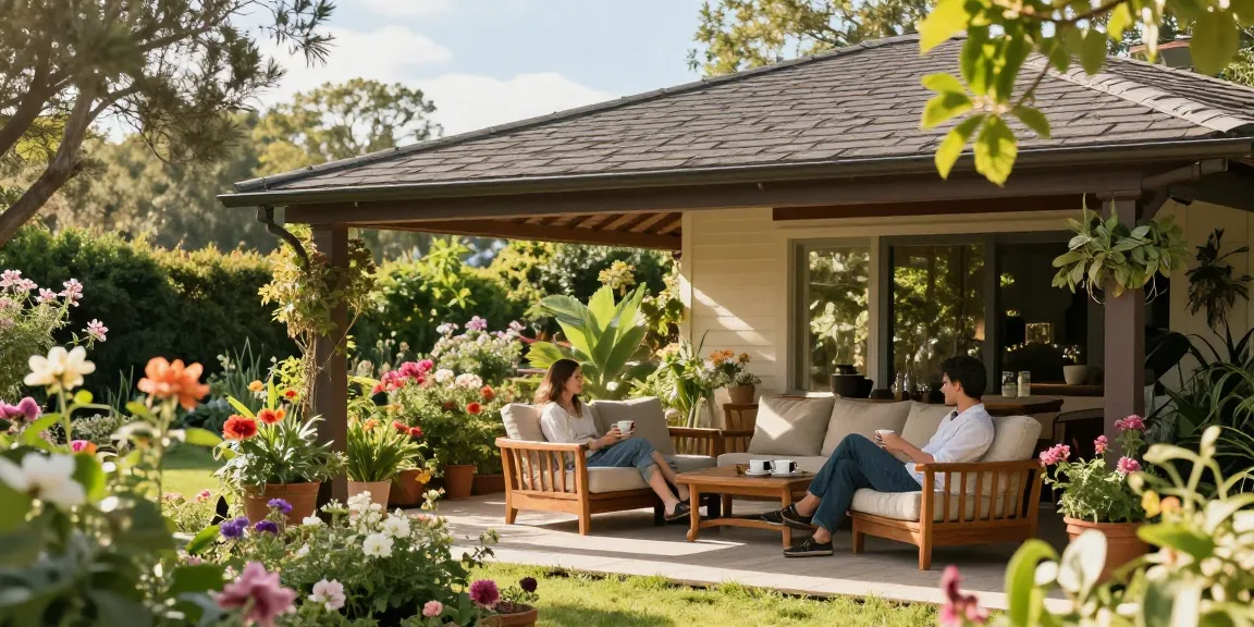 Freistehende Terrassenüberdachung im Garten mit blühenden Pflanzen und entspannten Menschen.
