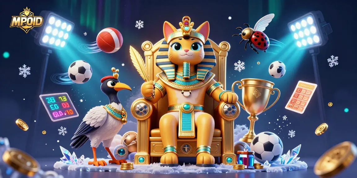 MPOID showcases an energetic arcade scene with Egyptian mythology elements, featuring a pharaoh cat and sports elements