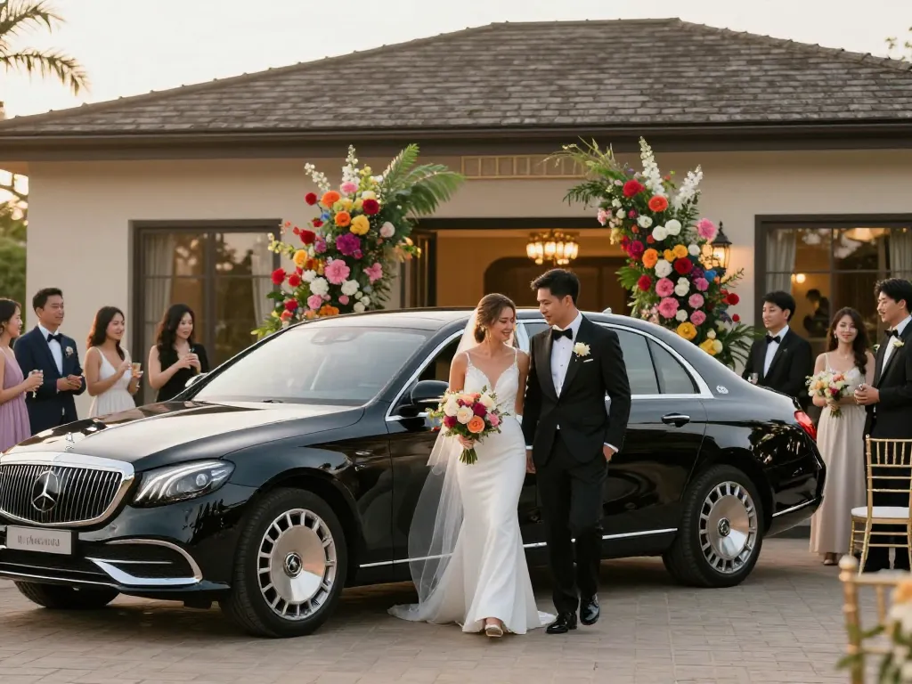 Cưới xin thanh lịch với trải nghiệm thuê xe cưới Mercedes, thể hiện sự sang trọng và không khí lễ hội.