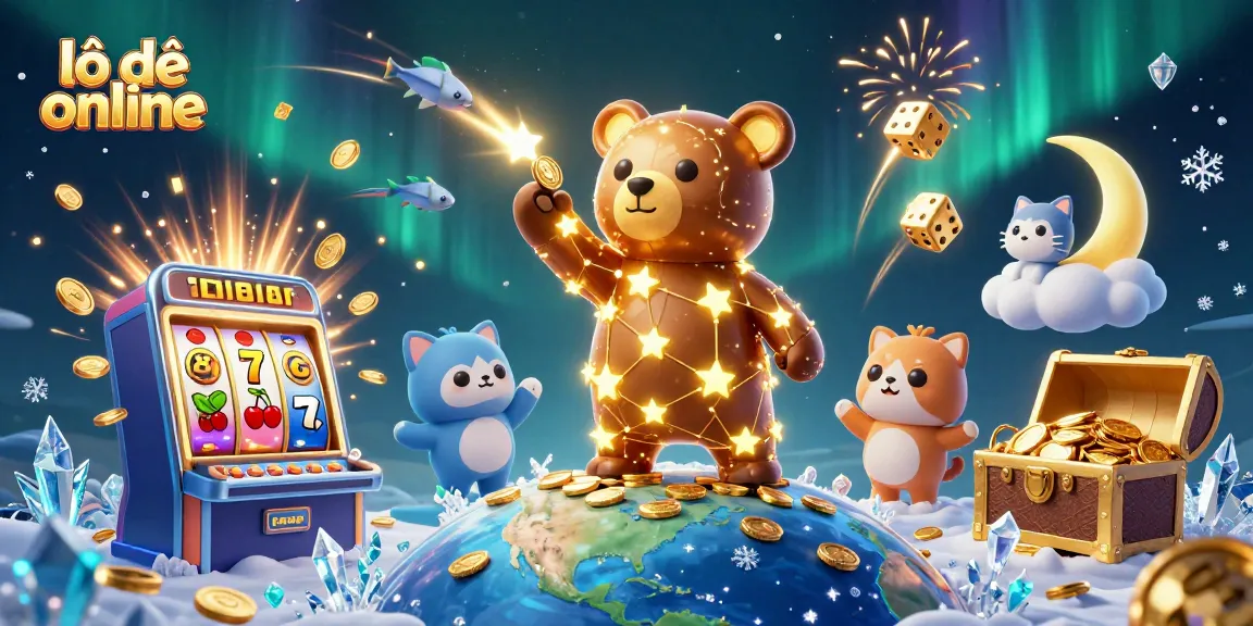 Engaging lô đề online scene with constellation bear, coins, and jackpot slot machine bursting.