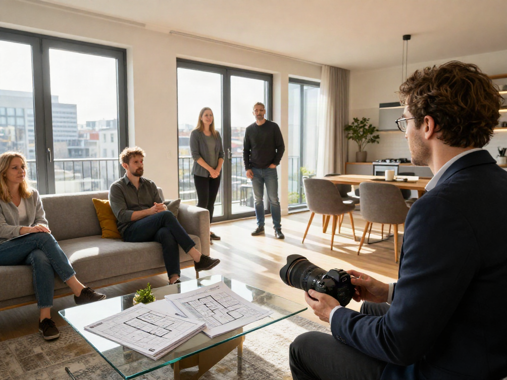 Moderne Wohnung in Düsseldorf mit Makler, die Käufer anzieht.