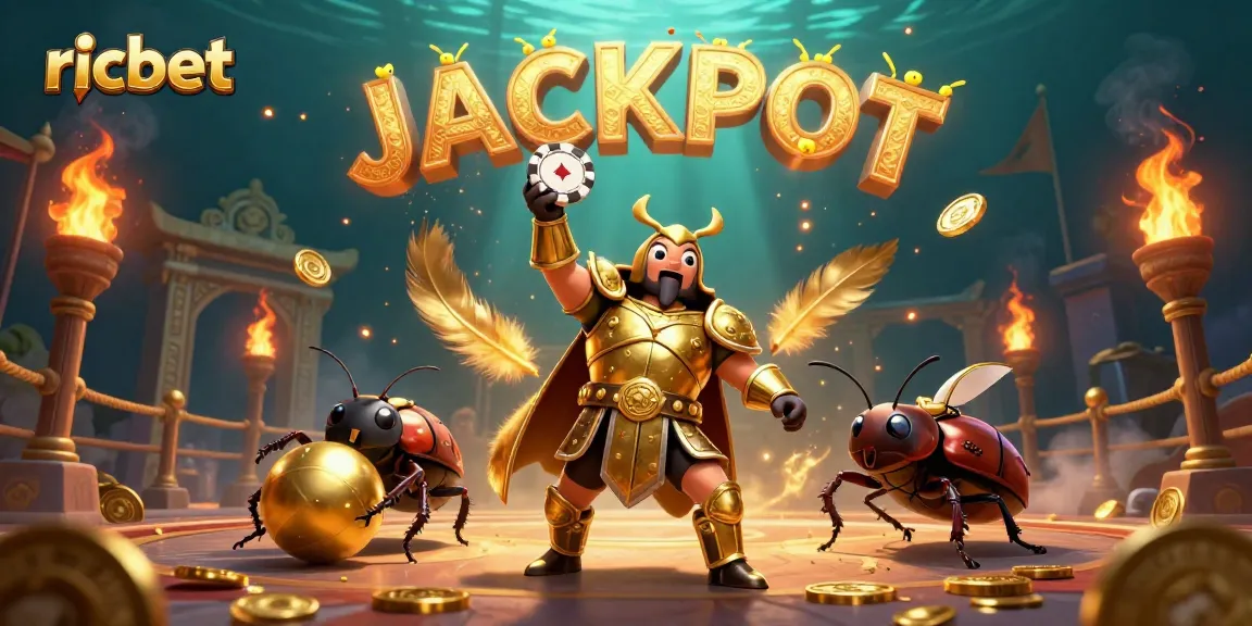 Celebrate at Ricbet Casino with a heroic beetle lifting a poker chip amidst a jackpot atmosphere.